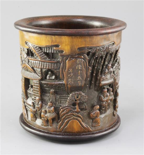 A Chinese bamboo brush pot, height 17.5cm